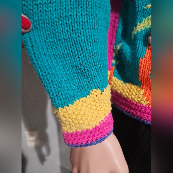 Vintage Hand Knit Beach Scene Cardigan – Statement Graphic Sweater. S/M - Picture 9 of 16